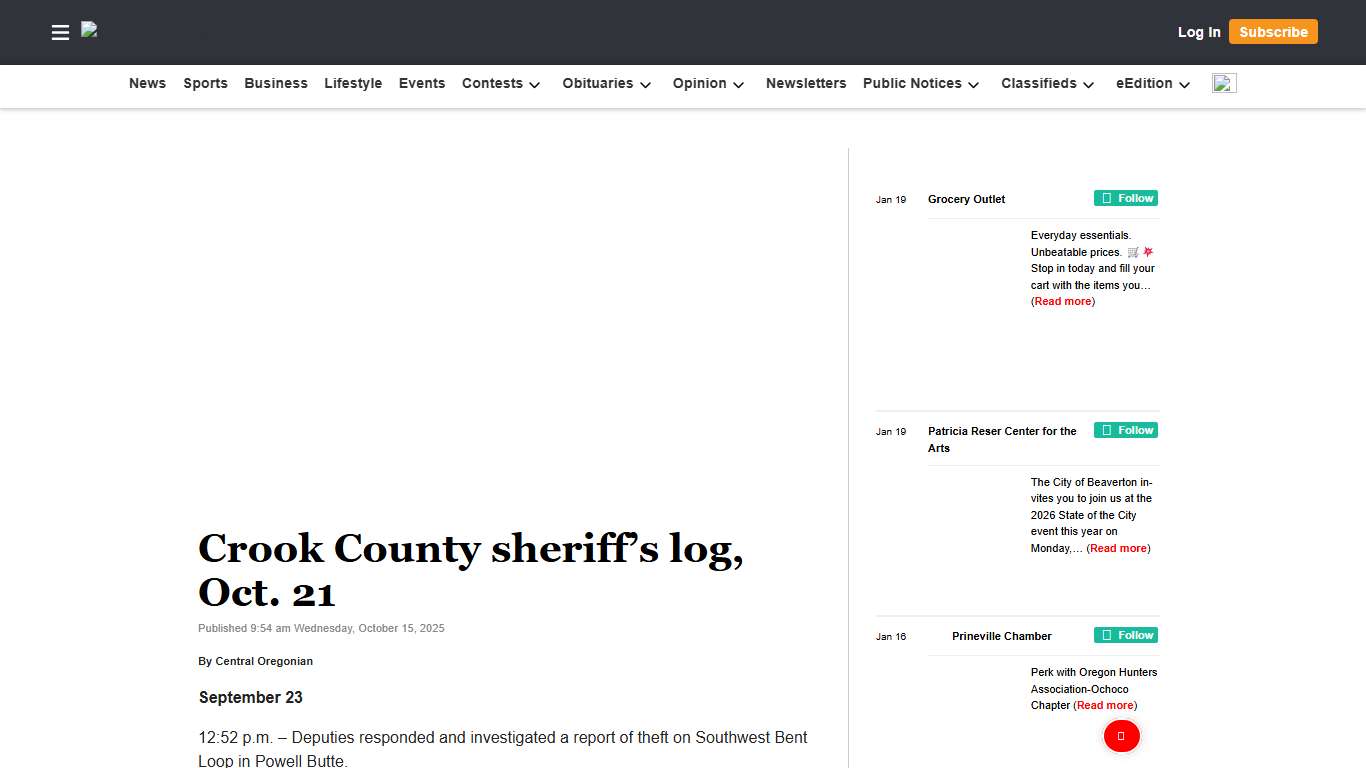 Crook County sheriff’s log, Oct. 21 | Central Oregonian